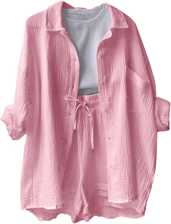 Textured Cotton Button-Down Shirt & Drawstring Shorts Set