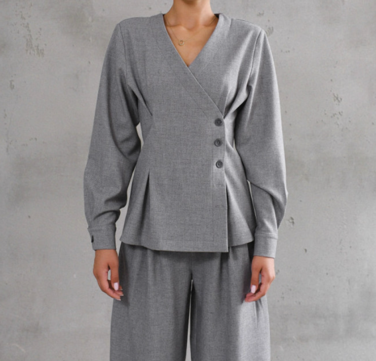 Asymmetric Button Tailored Wrap Top