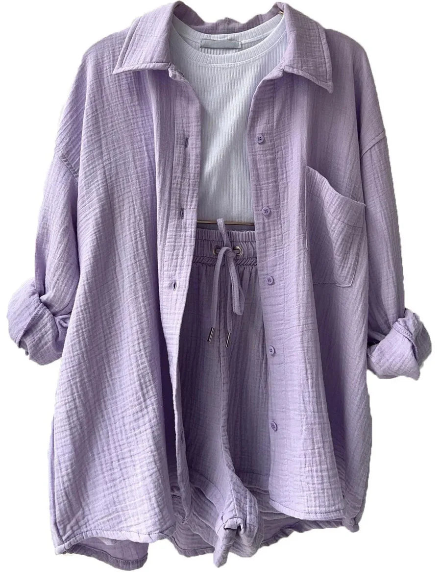 Textured Cotton Button-Down Shirt & Drawstring Shorts Set