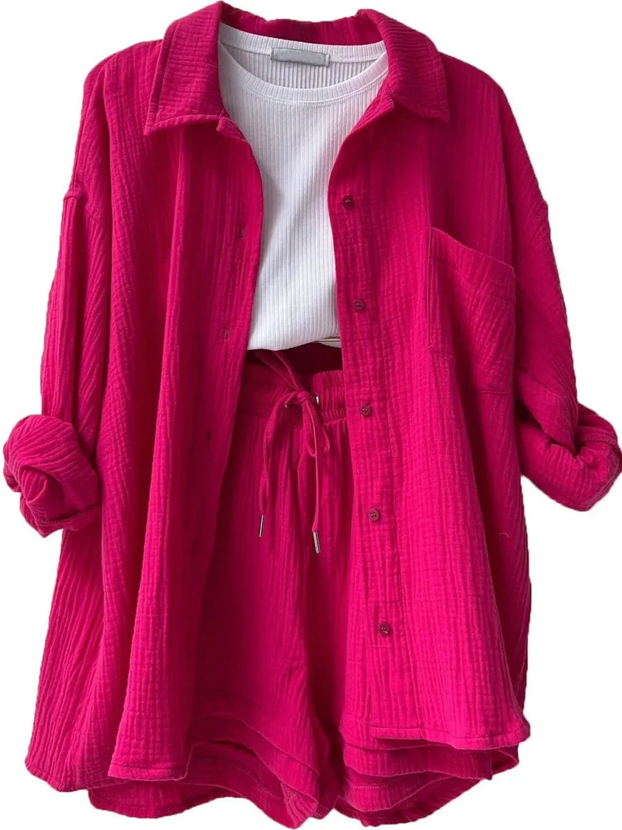 Textured Cotton Button-Down Shirt & Drawstring Shorts Set
