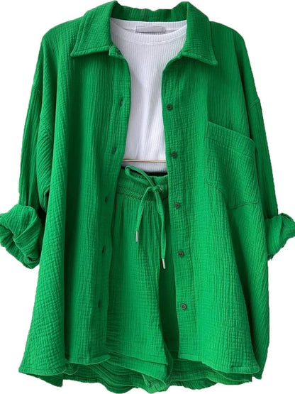 Textured Cotton Button-Down Shirt & Drawstring Shorts Set