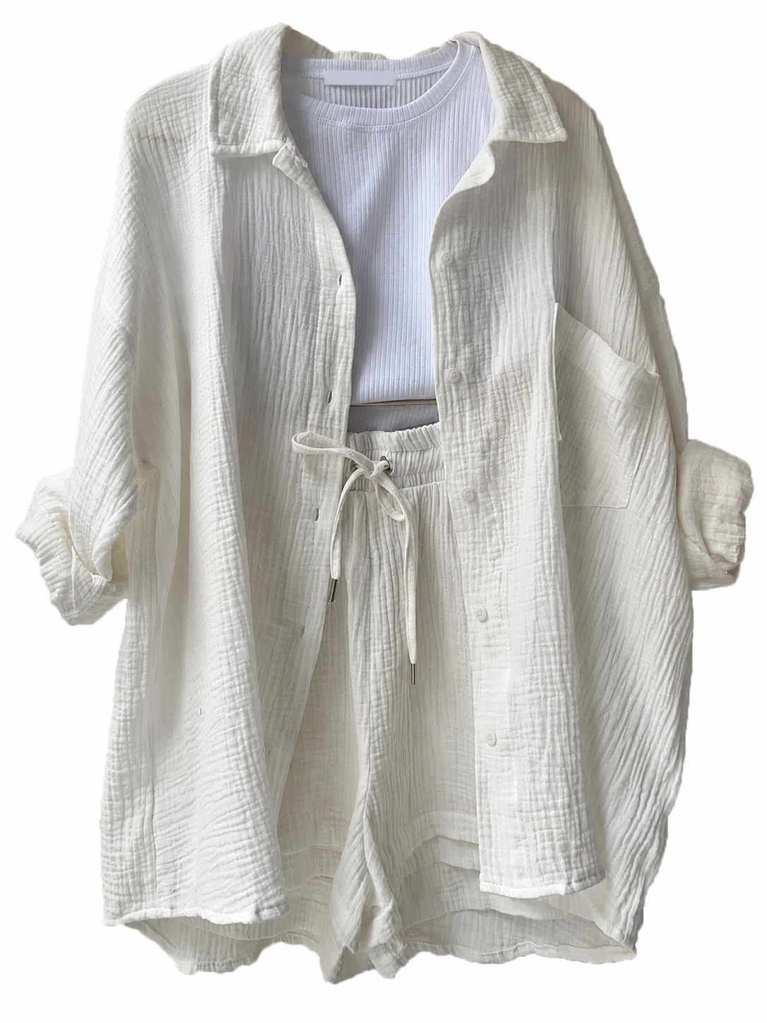 Textured Cotton Button-Down Shirt & Drawstring Shorts Set