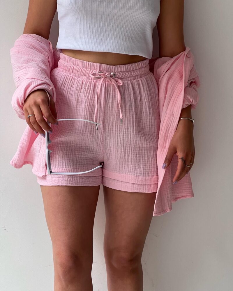 Textured Cotton Button-Down Shirt & Drawstring Shorts Set