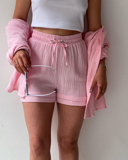 Textured Cotton Button-Down Shirt & Drawstring Shorts Set