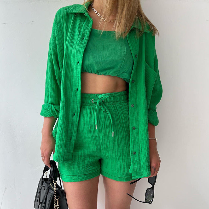 Textured Cotton Button-Down Shirt & Drawstring Shorts Set