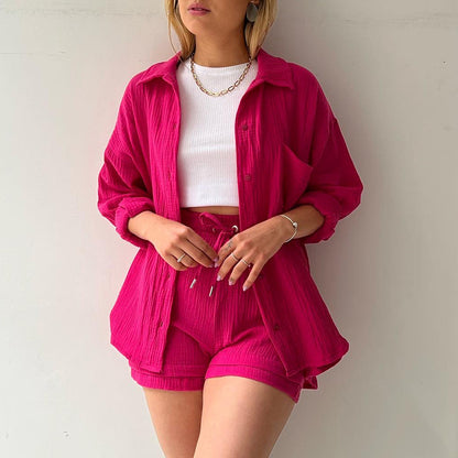 Textured Cotton Button-Down Shirt & Drawstring Shorts Set