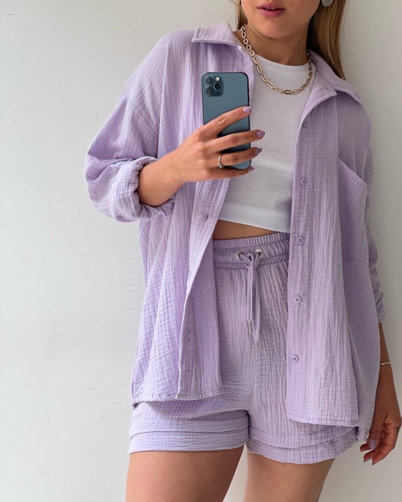 Textured Cotton Button-Down Shirt & Drawstring Shorts Set