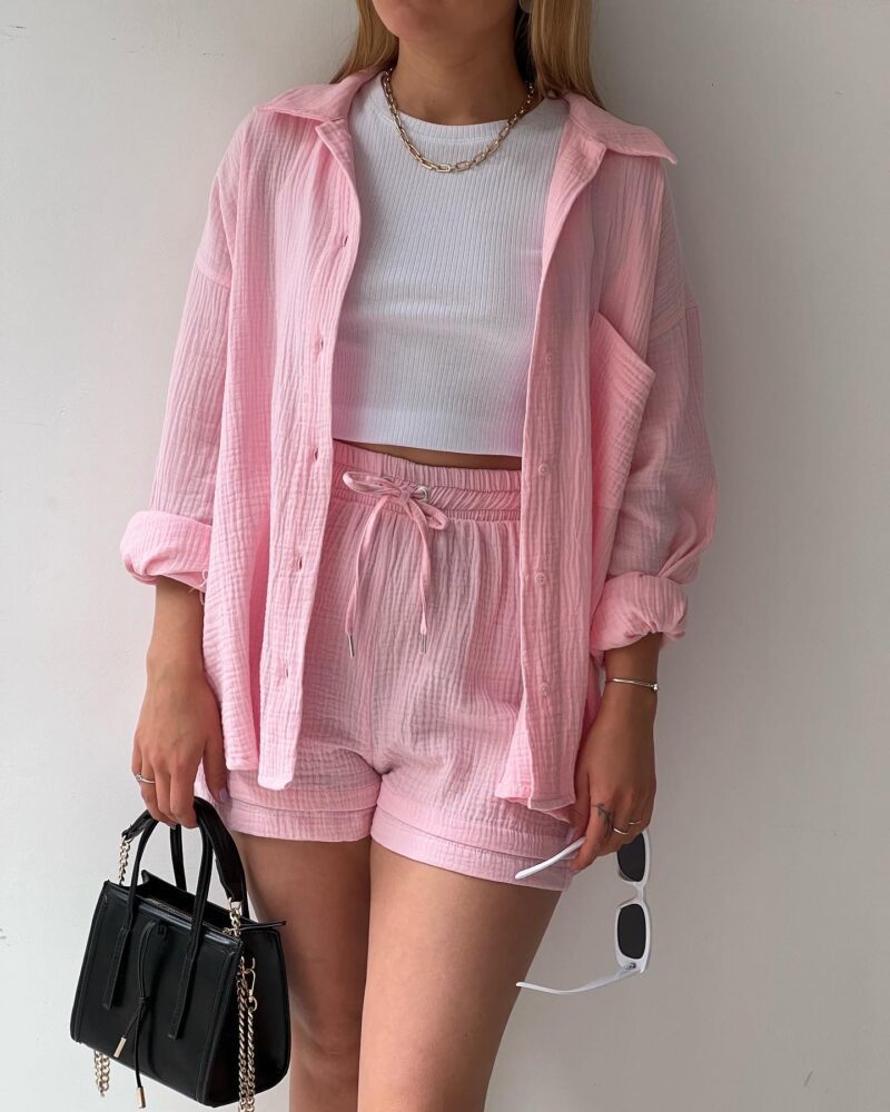 Textured Cotton Button-Down Shirt & Drawstring Shorts Set