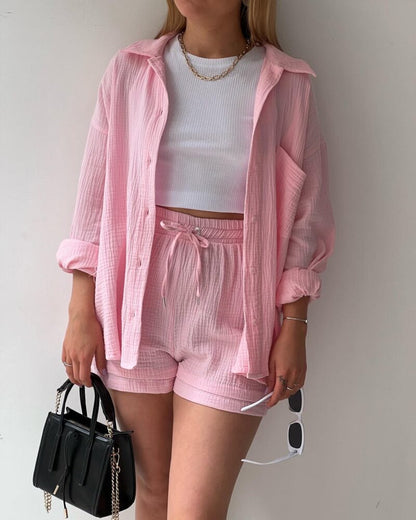 Textured Cotton Button-Down Shirt & Drawstring Shorts Set