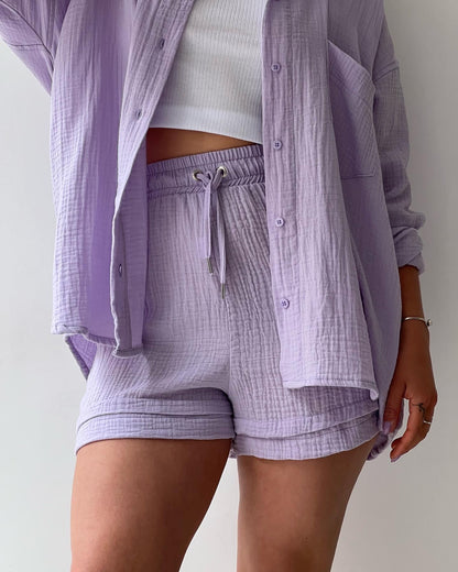 Textured Cotton Button-Down Shirt & Drawstring Shorts Set