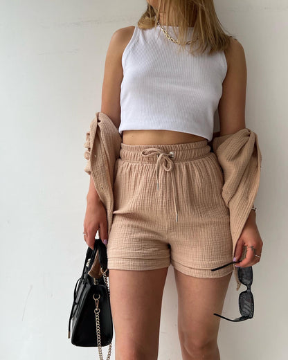 Textured Cotton Button-Down Shirt & Drawstring Shorts Set