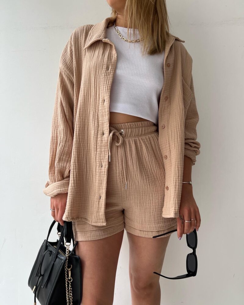 Textured Cotton Button-Down Shirt & Drawstring Shorts Set