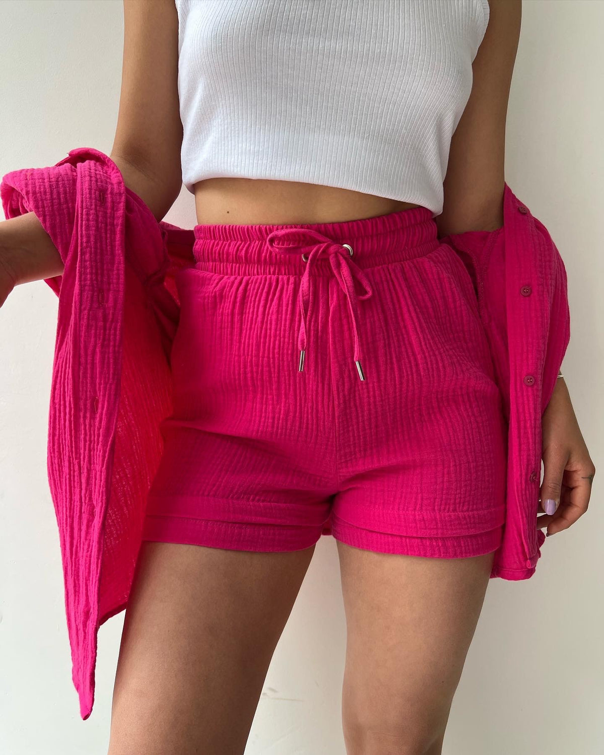 Textured Cotton Button-Down Shirt & Drawstring Shorts Set