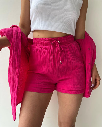Textured Cotton Button-Down Shirt & Drawstring Shorts Set