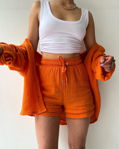 Textured Cotton Button-Down Shirt & Drawstring Shorts Set