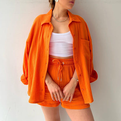 Textured Cotton Button-Down Shirt & Drawstring Shorts Set