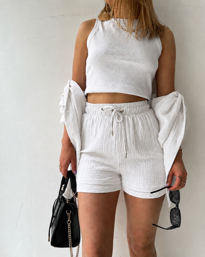 Textured Cotton Button-Down Shirt & Drawstring Shorts Set
