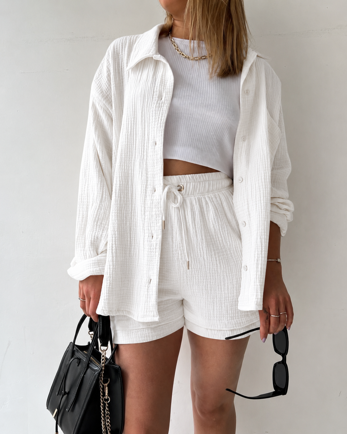 Textured Cotton Button-Down Shirt & Drawstring Shorts Set