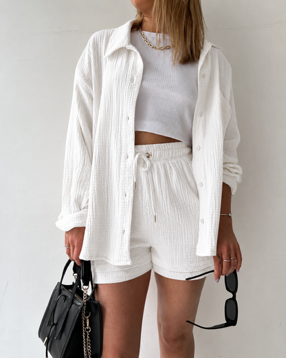 Textured Cotton Button-Down Shirt & Drawstring Shorts Set