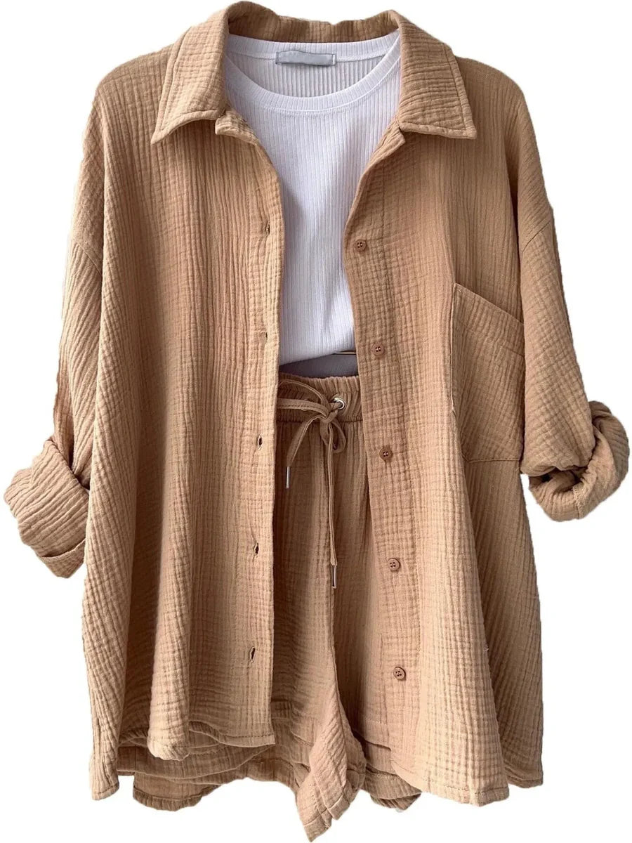 Textured Cotton Button-Down Shirt & Drawstring Shorts Set