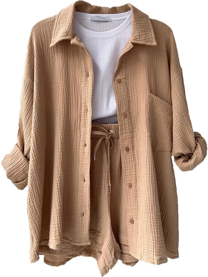 Textured Cotton Button-Down Shirt & Drawstring Shorts Set