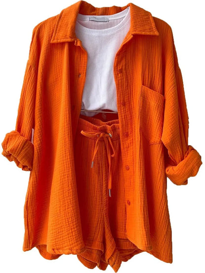 Textured Cotton Button-Down Shirt & Drawstring Shorts Set
